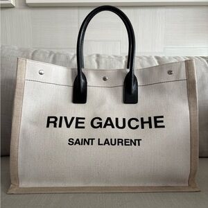 Saint Laurent Rive Gauche Canvas Tote in Cream and Black